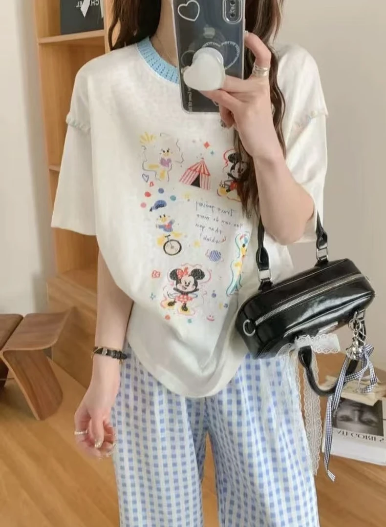 米奇圆领宽松东大门韩版半袖减龄休闲ins白色上衣