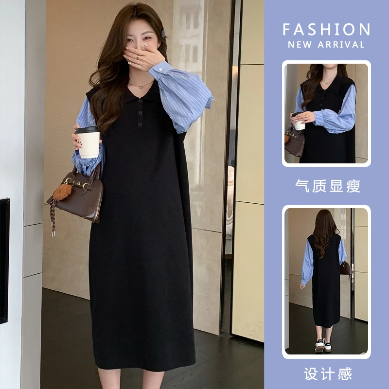 孕妇连衣裙秋冬气质高级感2025新款长袖衬衫拼接假两件针织小黑裙