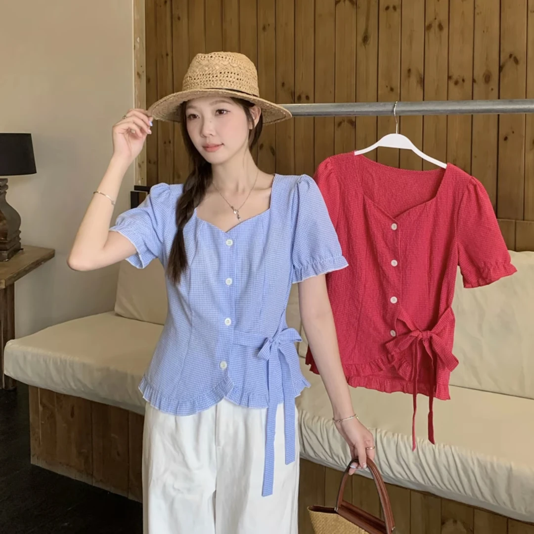 2025夏季新款夏装胖mm大码法式通勤方领格子短袖衬衫收腰系带上衣
