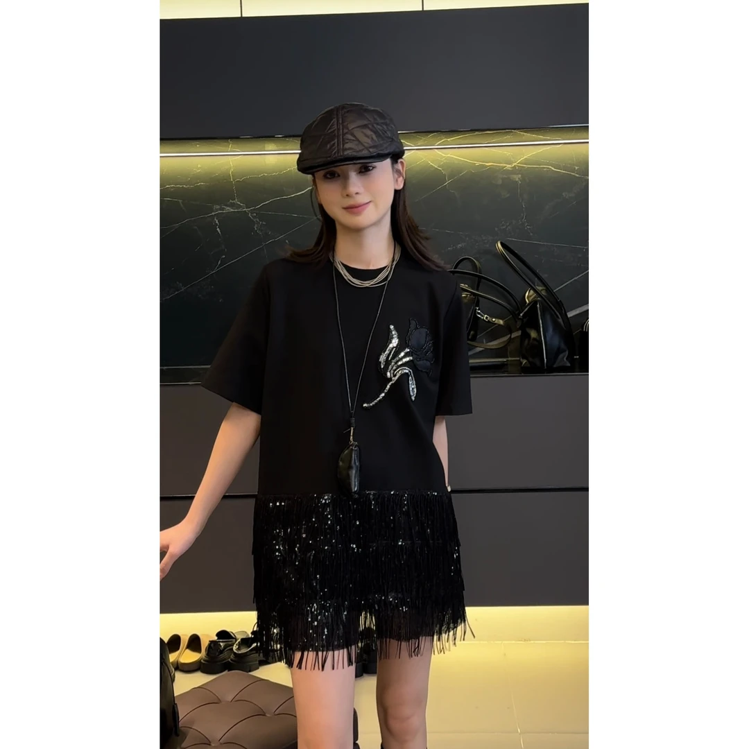 小法【暗涌】舒适宽松百搭流苏短袖裙010156GT