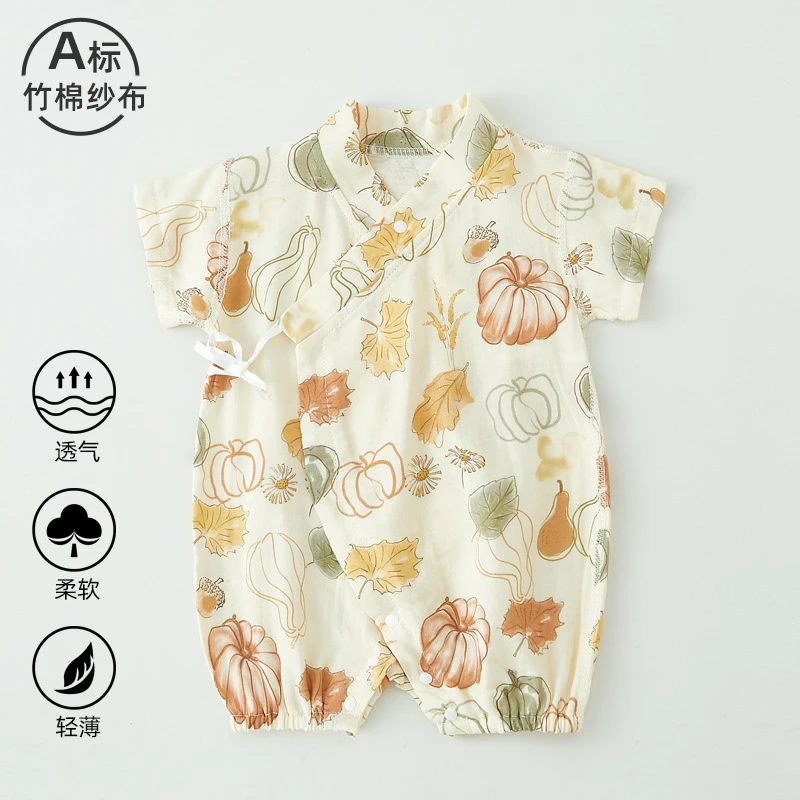 婴儿连体衣春秋纯棉a类短袖薄款新生儿纱布爬服哈衣宝宝连体睡衣
