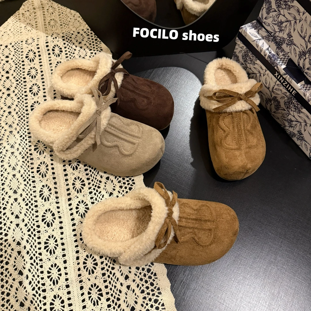 复古蝴蝶结厚底包头毛毛拖鞋女外穿2025新款秋冬加绒保暖勃肯棉拖