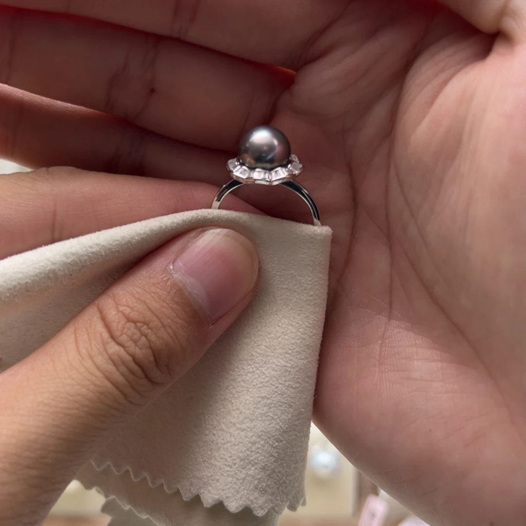 银S925镶嵌戒指海水珍珠9.3mm正圆大溪地孔雀绿戒指
