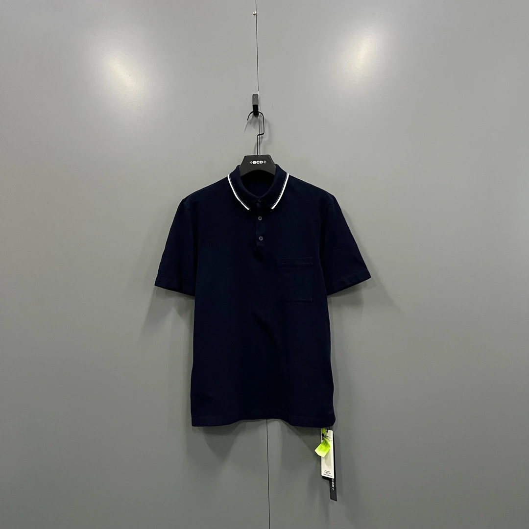 95新 Hermes/爱马仕 jp108 藏青色领口条纹polo衫 610136