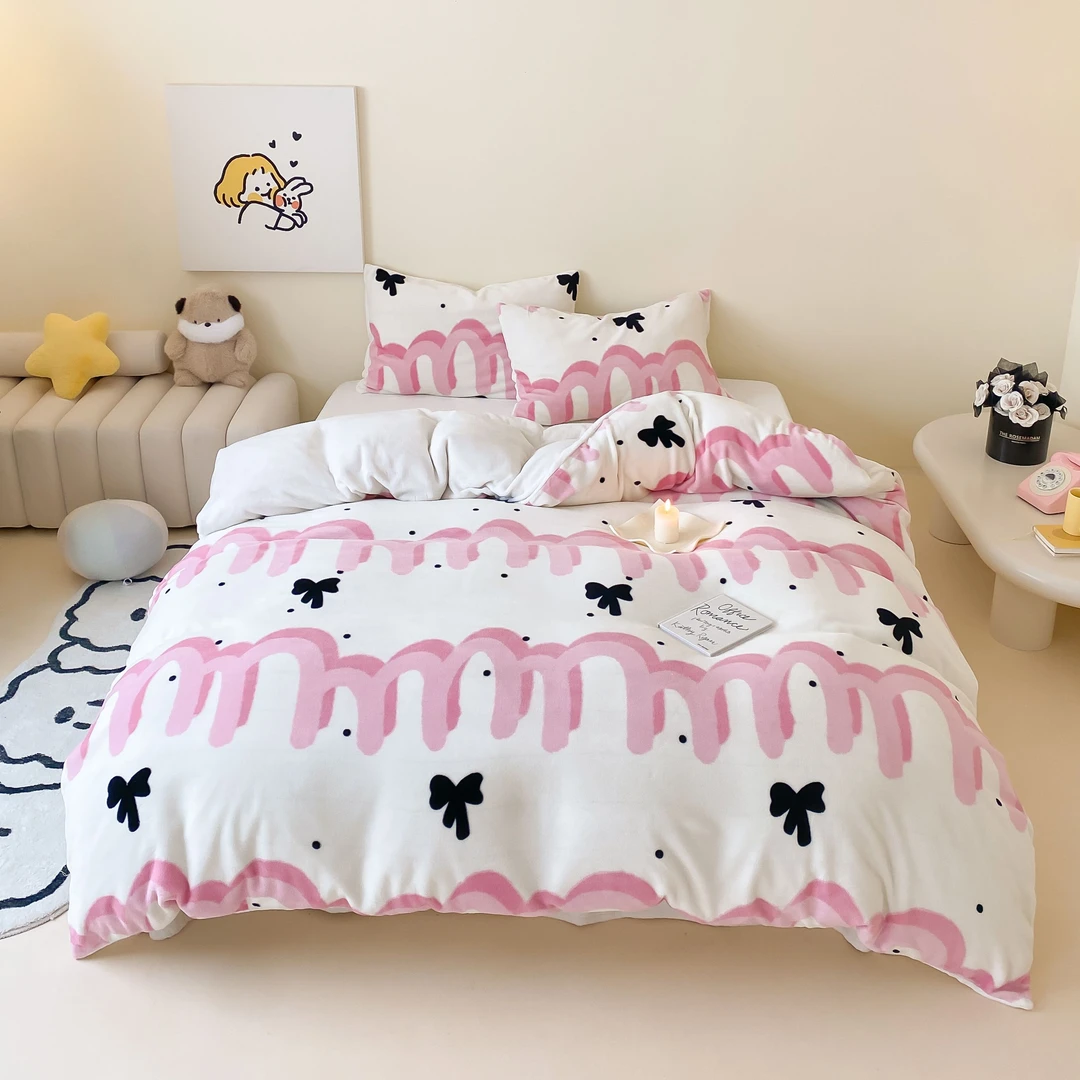 POCKET PIG/布袋猪卡通【阿黛尔-粉】可爱风单人樱花绒床单四件套