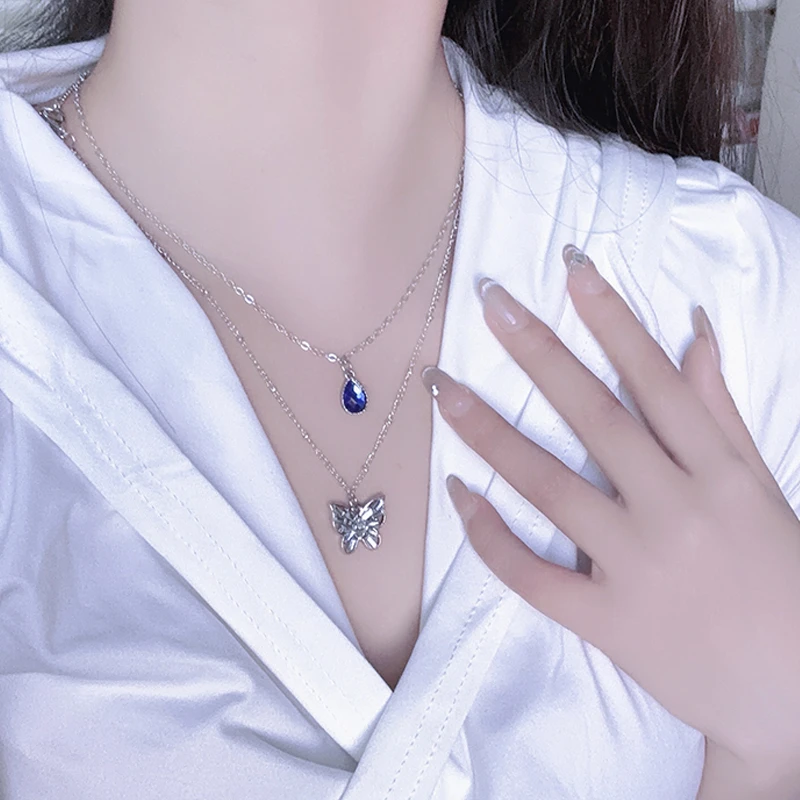 合金锆石项链 浪漫海湾~蓝色水滴满钻蝴蝶项链双层叠戴气质坠链女