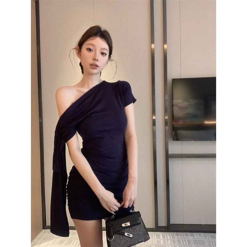 韩系辣妹飘带斜领露肩修身短袖连衣裙女夏季收腰显瘦包臀裙子新款