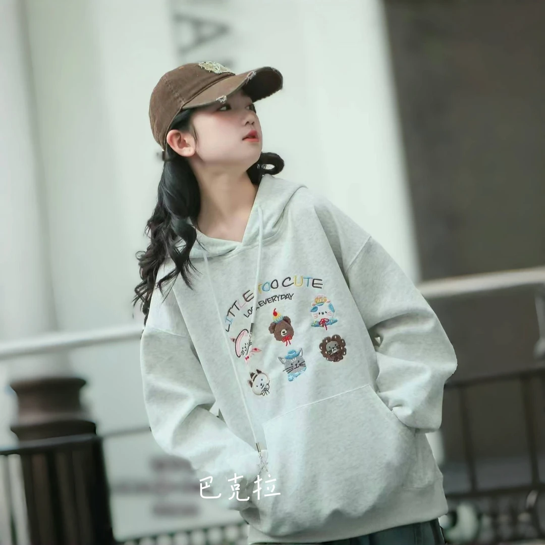 中大童女童卫衣2025春季百搭宽松连帽卡通刺绣卡通图案卫衣M839款