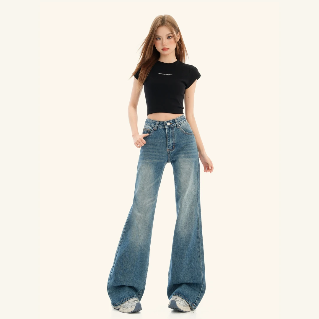 MNGRL 美式不贴腿微喇牛仔裤女深蓝色修身显瘦喇叭裤垂感拖地裤子