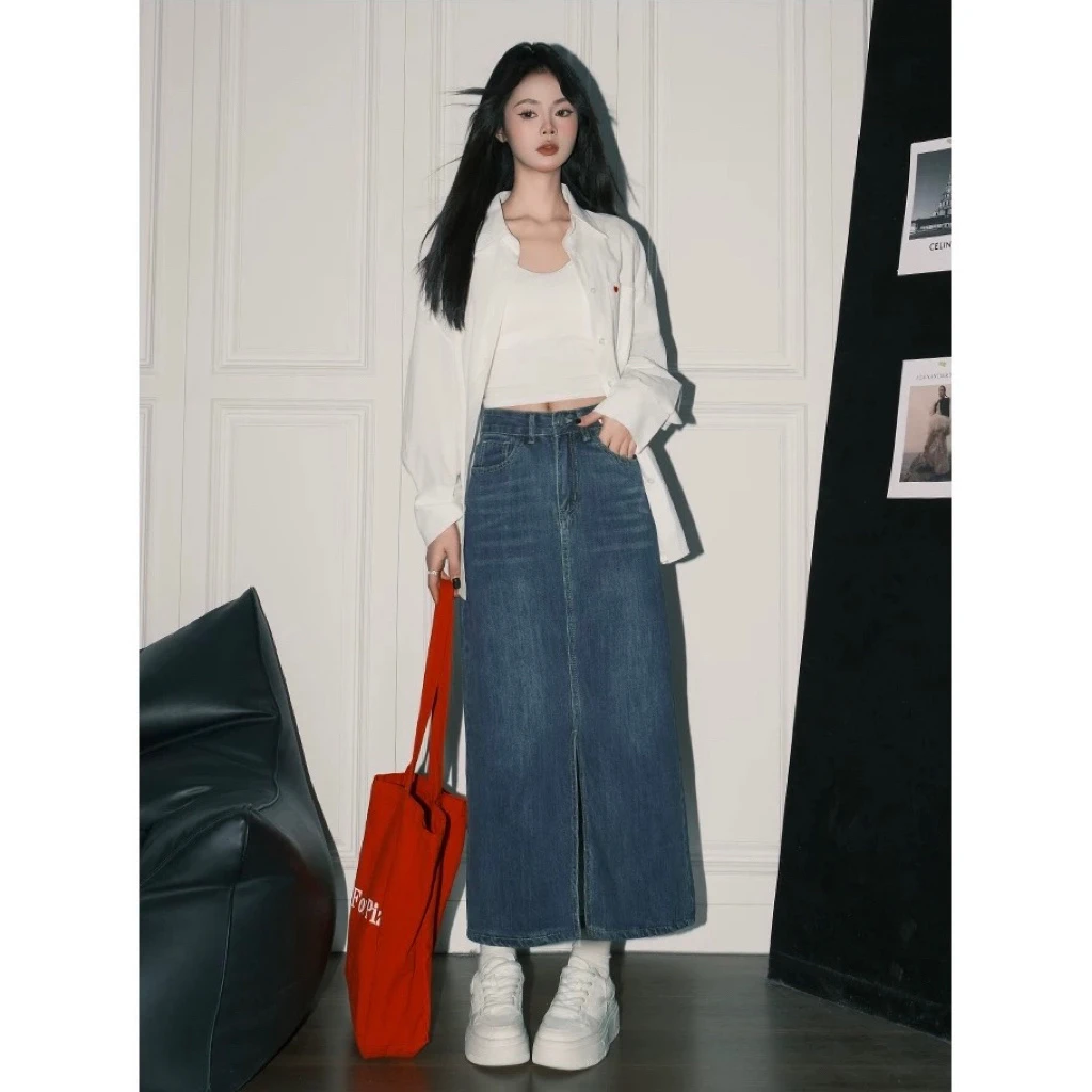 258#复古港风开叉牛仔半身裙女夏小个子穿搭高腰a字中长款裙子