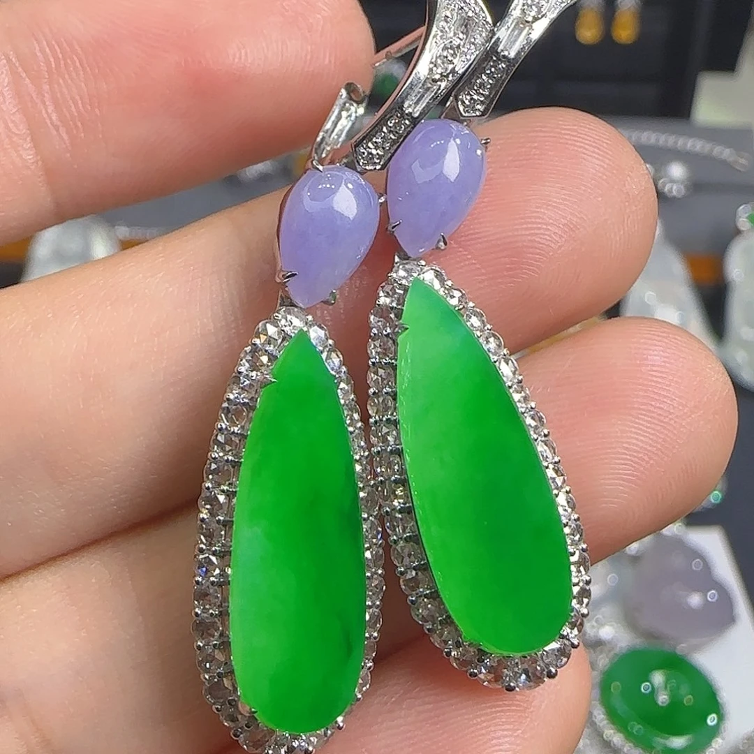 翡翠18K金镶嵌耳饰天然翡翠