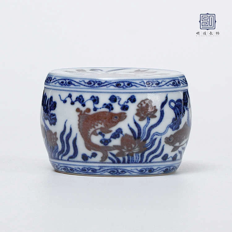 明道长物青花釉里红鼓型盖置（高4.3cm口径5.8cm）