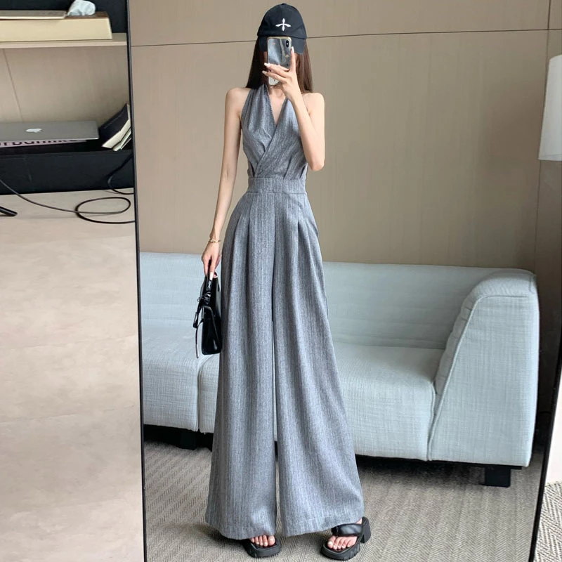 韩版V领挂脖连体裤女夏季薄款设计感绑带时尚气质高腰显瘦阔腿裤