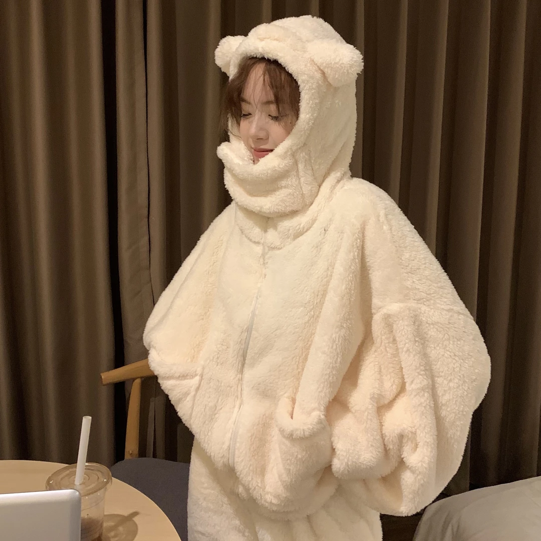 浪莎可爱白色围脖加厚睡衣女款冬天2025新款珊瑚绒连帽保暖家居服