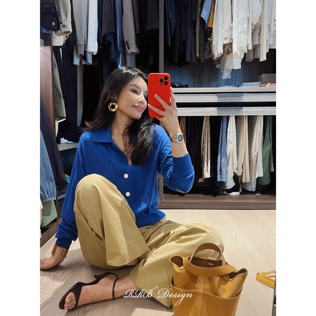 RRB Design「克莱因蓝」定染蓝德国扬子纱宽松显瘦四粒扣长袖羊毛衫