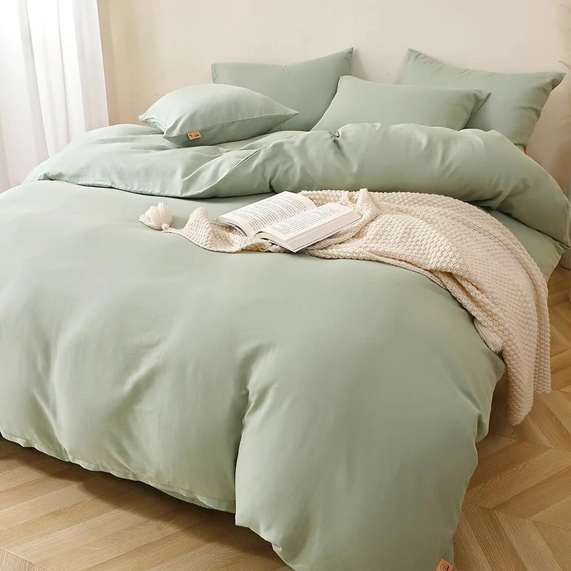 A类全棉双层纱床上四件套纯棉纯色被套床单人三件套宿舍床品4四件