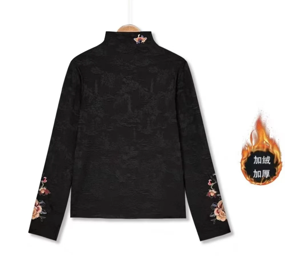 2025年秋冬新款高领加绒加厚百搭苏绣暗纹提花打底衫
