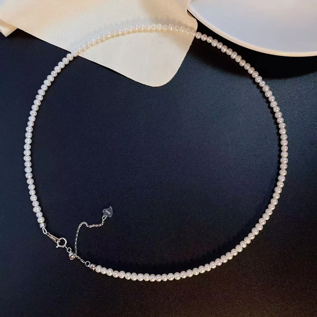 天然淡水无核珍珠A81#鸡蛋圆3-4M简约S925银抽拉设计款珍珠项链