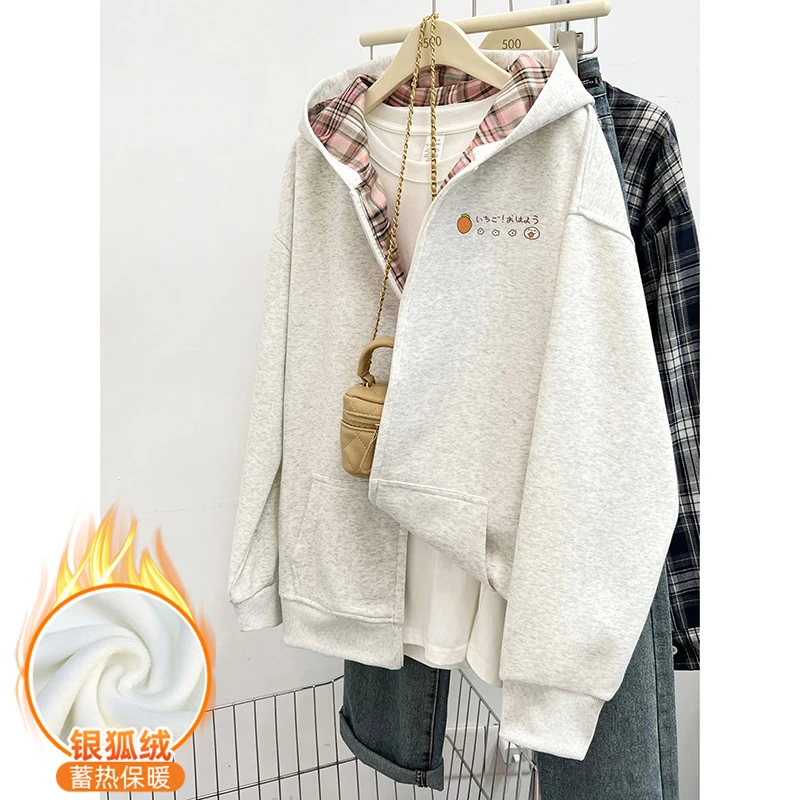 韩系ins时尚减龄格子连帽卫衣女冬新款宽松大码开衫拉链加绒外套