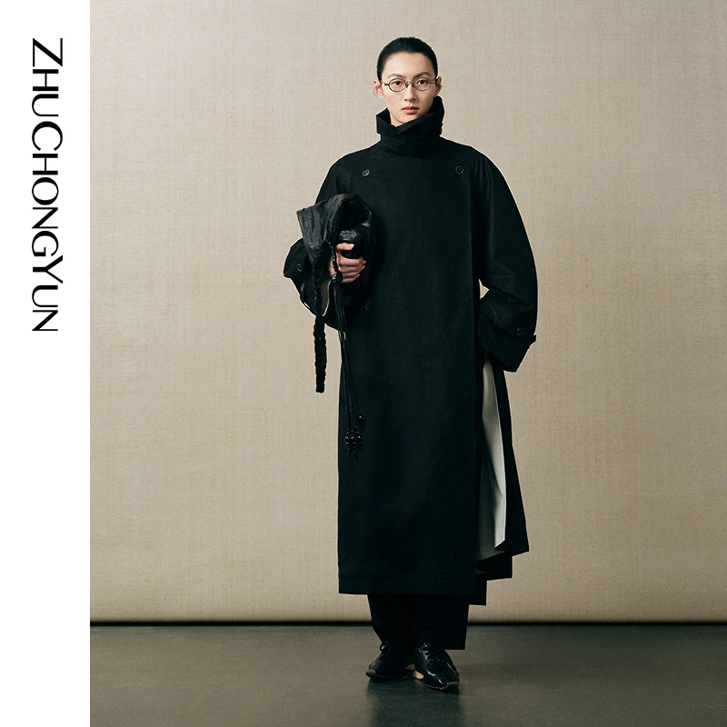 ZHUCHONGYUN2025秋新款廓形直身剪裁撞色开襟风衣外套C1FZ3154F