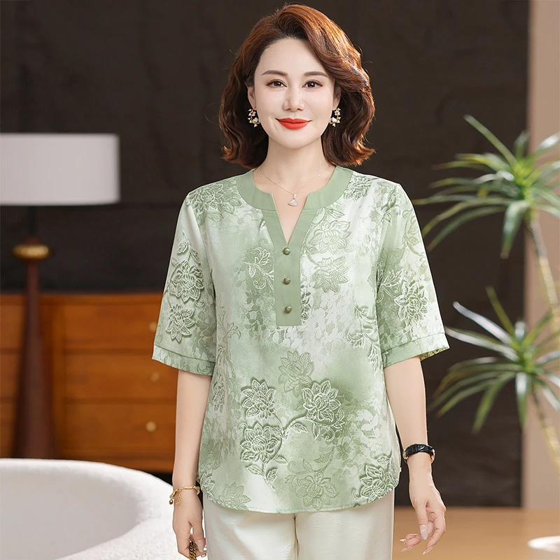 妈妈夏装减龄小衫2025新款洋气中年女士时尚印花七分袖T恤小衫