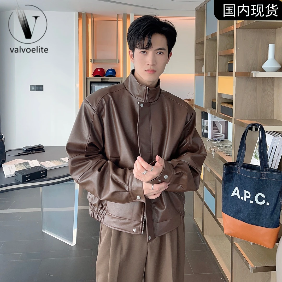 春秋短款痞帅高级感黑色皮衣外套男装宽松立领垫肩机车风PU皮夹克