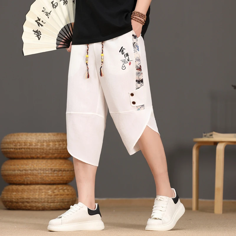 时尚国风七分裤男士夏季薄款冰丝休闲裤运动百搭宽松阔腿短裤子