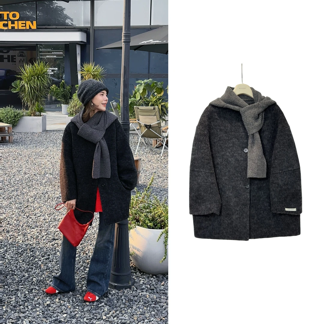 Lehoo|【纯羊毛双面尼连帽围巾大衣】秋冬圆领中长款外套 送围巾帽