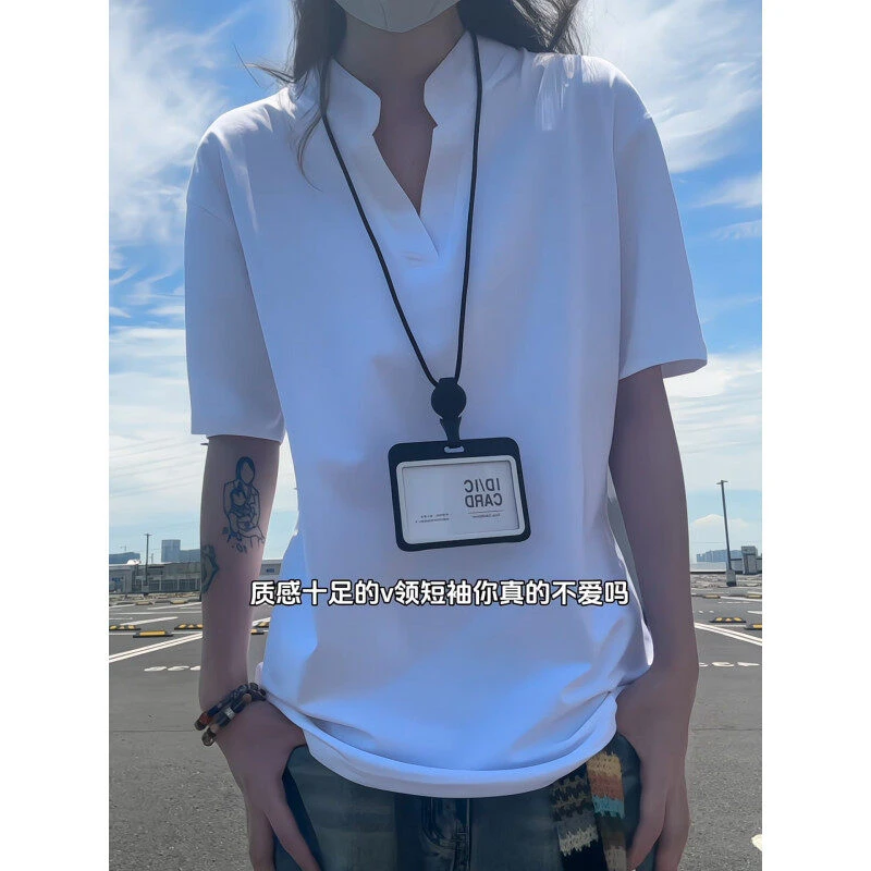 白色亨利V领正肩t恤男生夏季美式cleanfit短袖高级感痞帅潮牌半袖