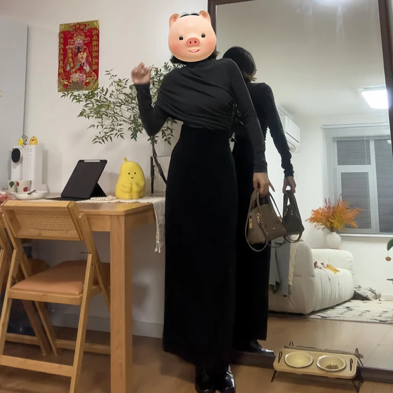 高级感黑色高领针织连衣裙子女早春装2025新款小个子长裙套装9118