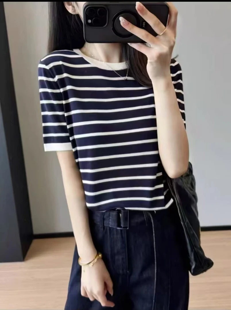 清凉一夏~薄如蝉翼细如纱裸肤感天丝透气减龄气质百搭条纹短袖T恤