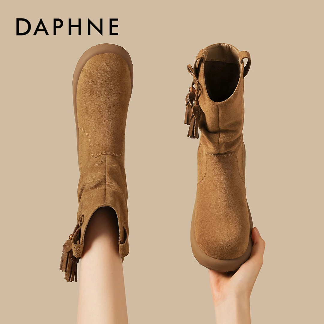 达芙妮复古西部牛仔女靴褶皱堆堆靴秋季百搭单靴小众马丁靴子短靴