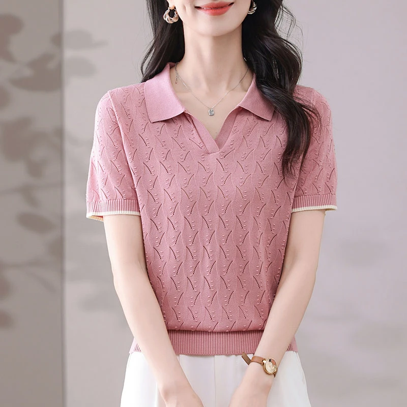 天丝短袖T恤女2025夏季新款爆款翻领时尚洋气宽松女士半袖针织衫