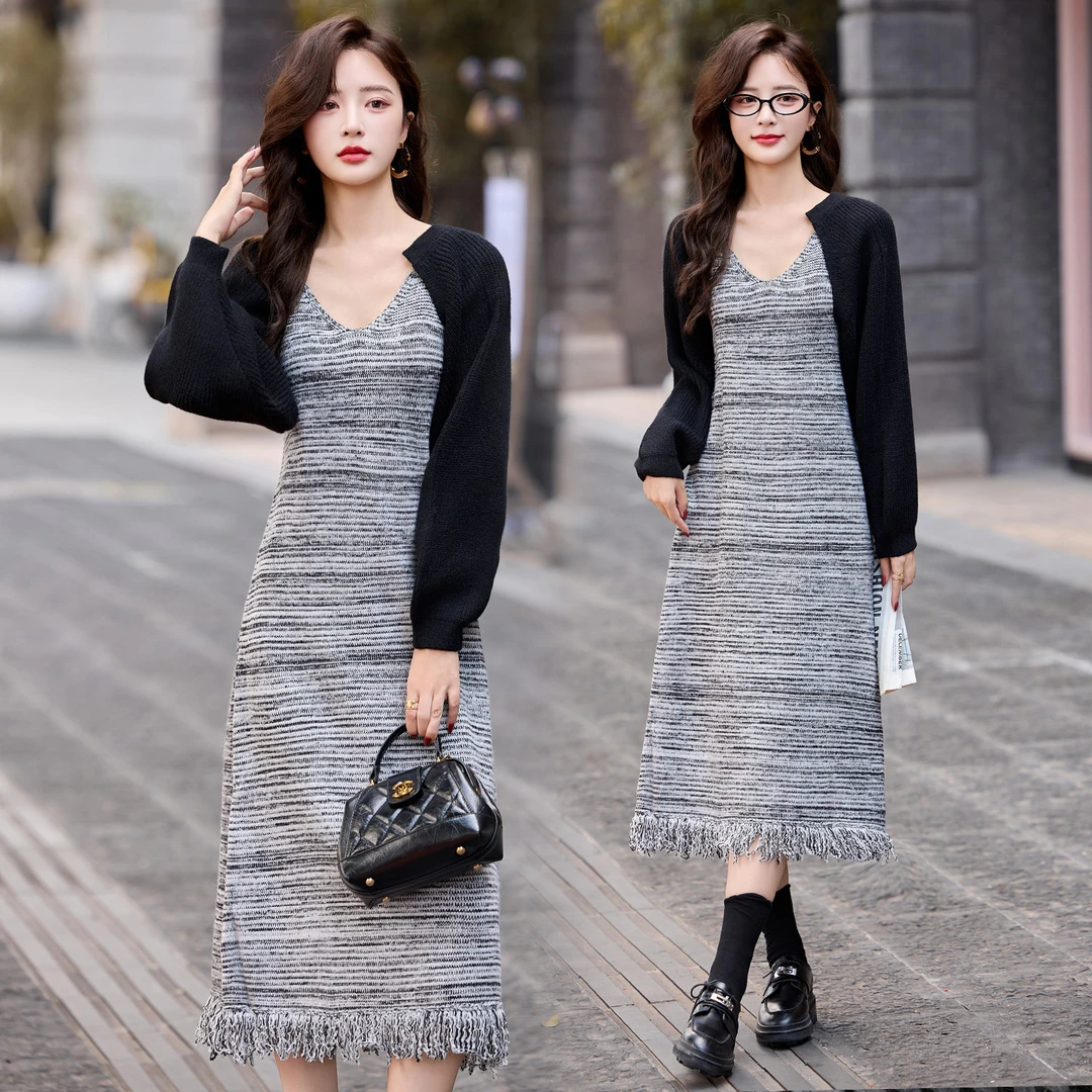 2025年秋季新款复古流苏针织吊带连衣裙毛衣开衫外套两件套女装潮