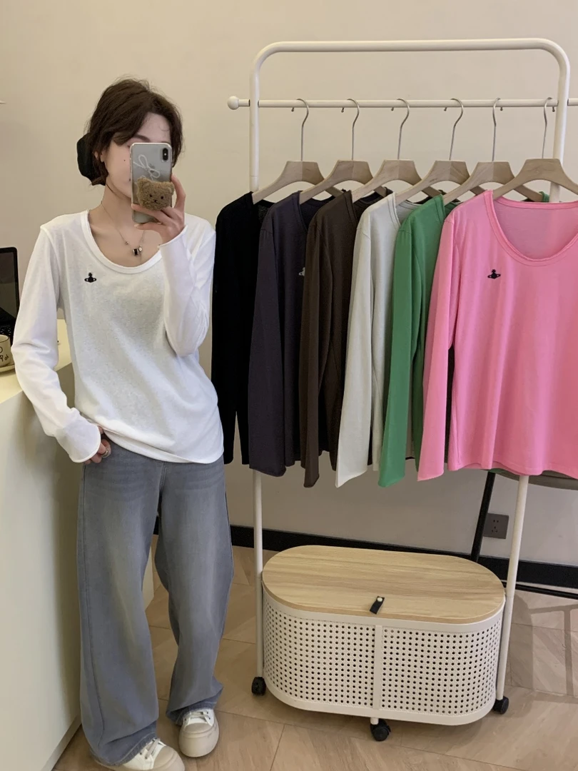 水洗棉质小飞船刺绣女款春季打底衫T恤长袖时尚休闲百搭636