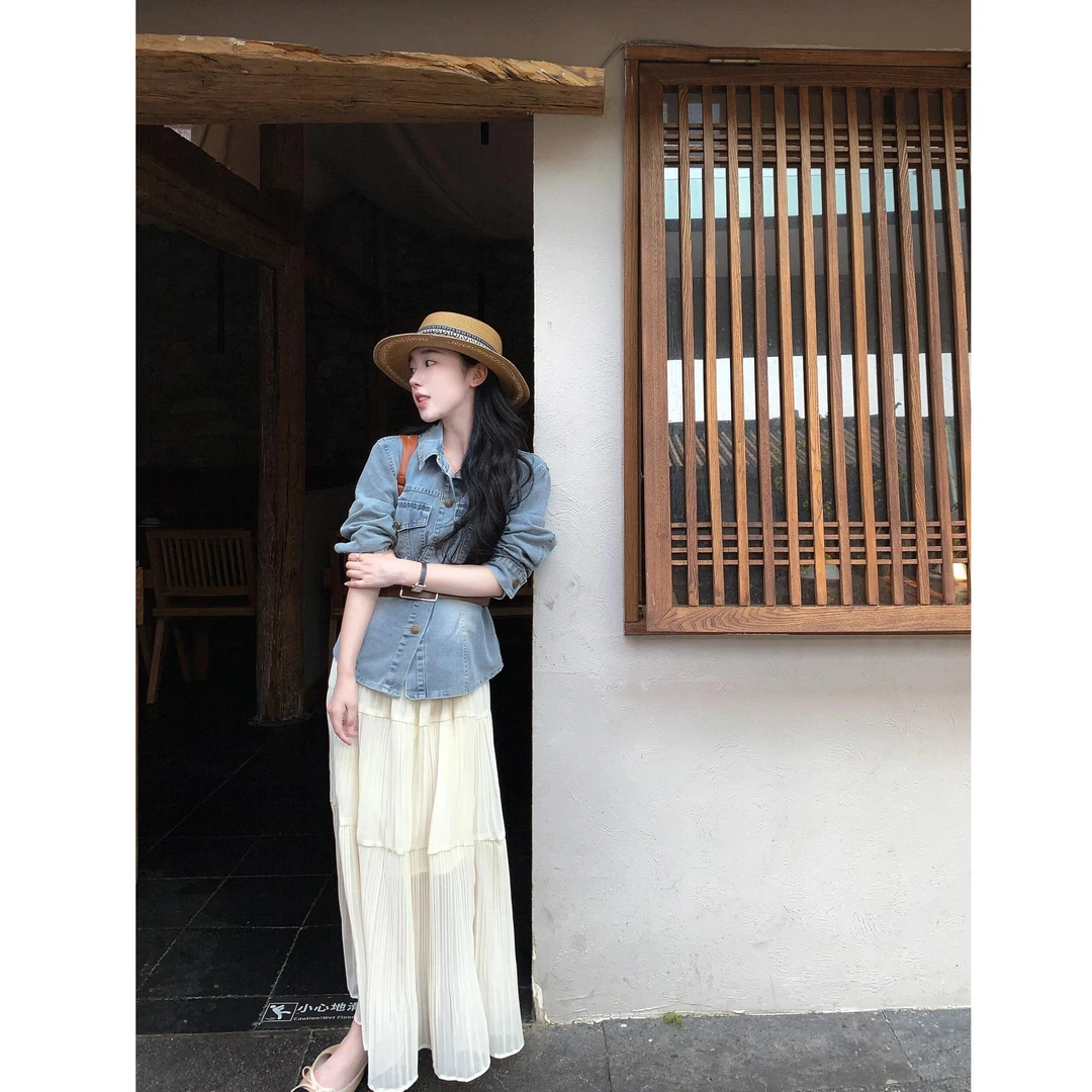 2025春夏新款韩系穿搭收腰显瘦牛仔外套女搭配半身裙减龄两件套潮