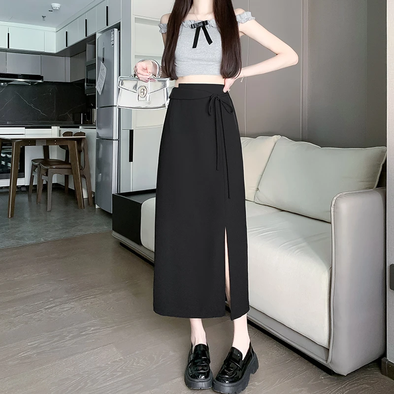 赫本半身裙女韩风高腰显瘦垂感褶皱拉绳系带开叉中长款a字裙ins潮