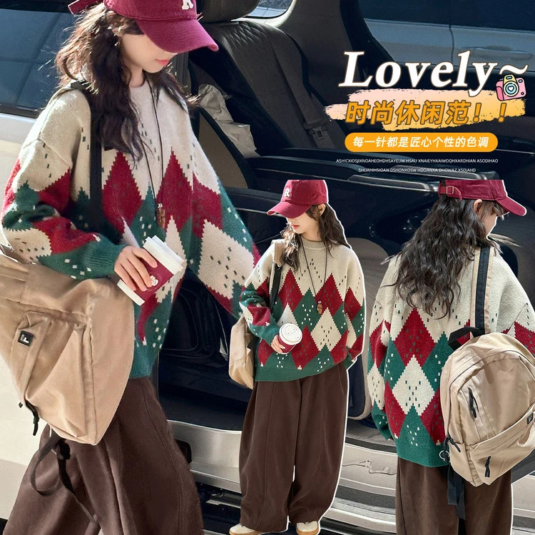韩版女童洋气圣诞菱形格毛衣保暖宽松童装时尚百搭中大童复古毛衣
