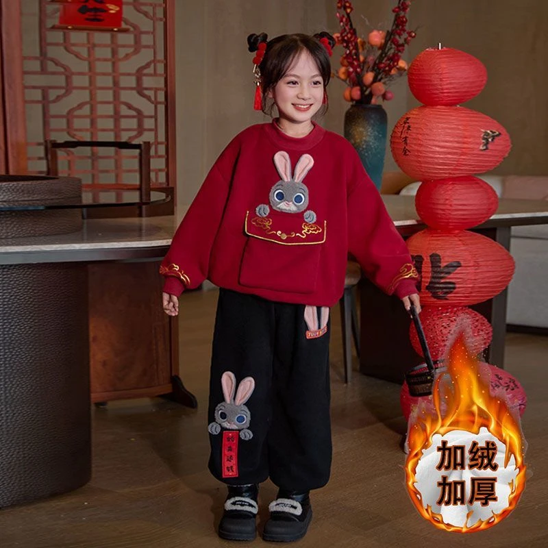 女童加绒套装2025秋冬款儿童韩版洋气上衣时尚一体绒休闲裤两件套