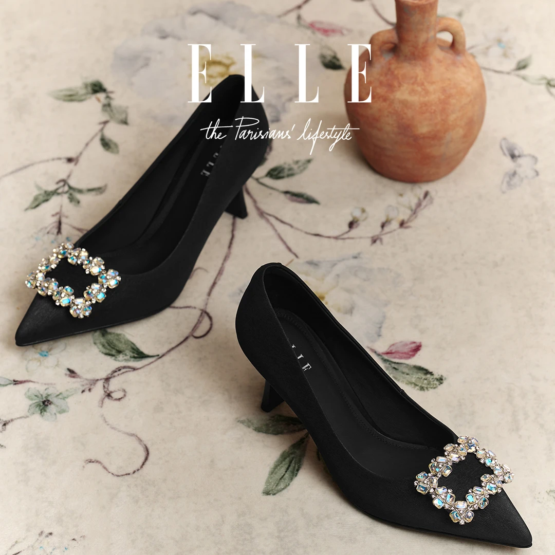 ELLE7公分小香风黑色职业单鞋女2025新款法式尖头水钻细跟高跟鞋