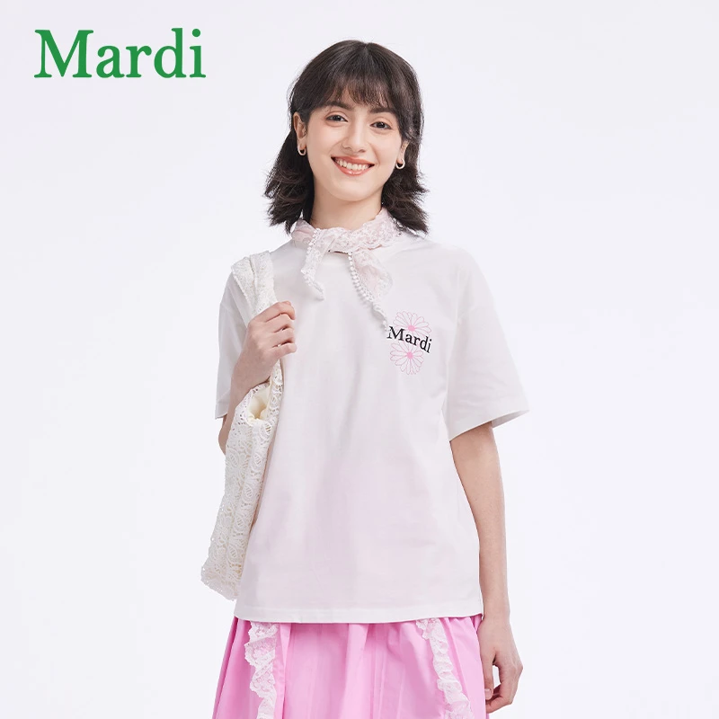 Mardi2025早春新款女装米白印花短袖纯棉圆领针织T恤衫MTX2522010