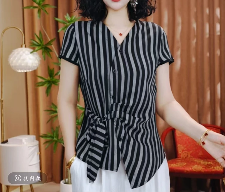 2025女式时尚条纹飘带短袖洋气00019