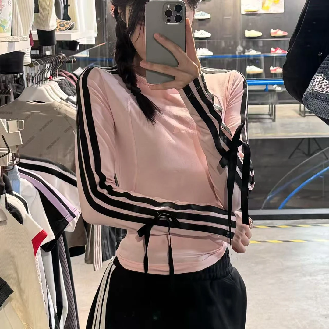 adidas 三新款秋季经典条纹长袖 可拆卸蝴蝶结长袖TKG3860