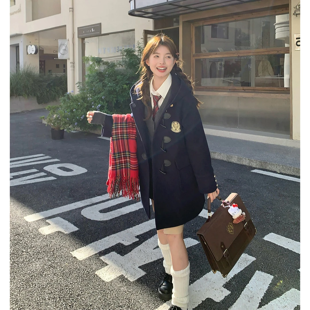 东京岁时记jk大衣绀色冬季中长款毛呢外套连帽牛角扣大衣莱克学院