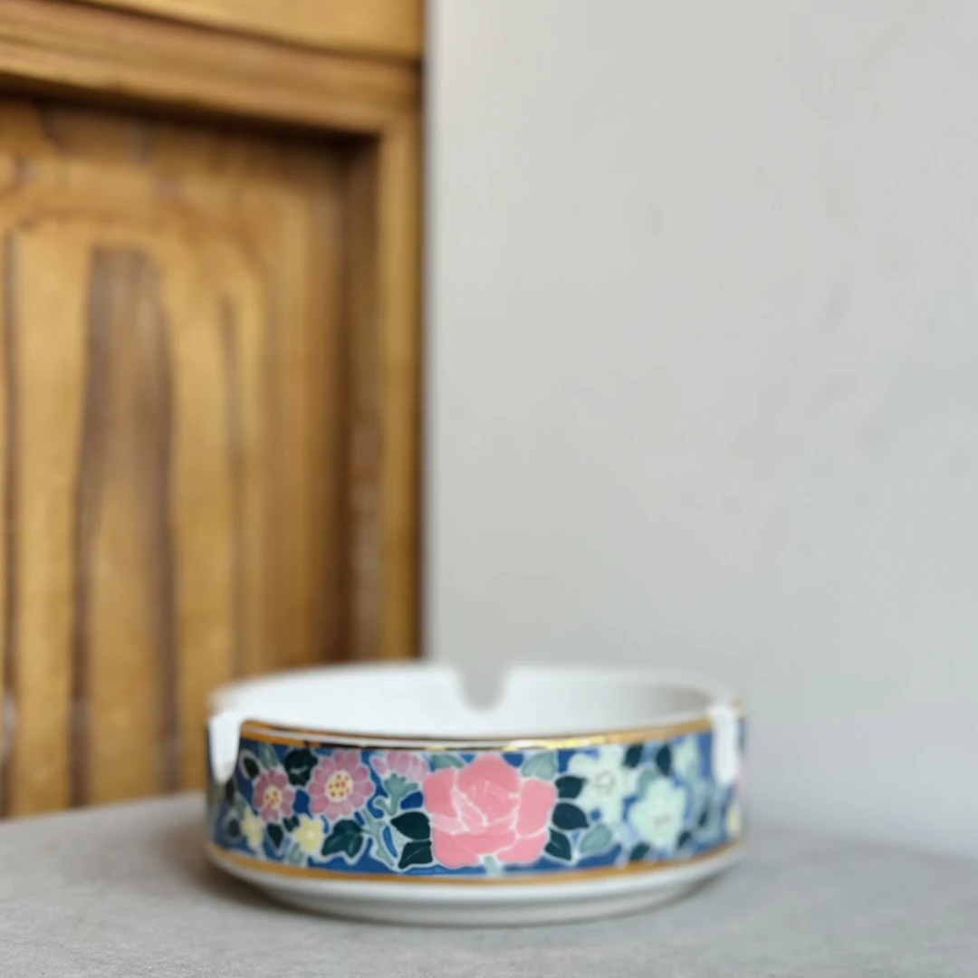 醴陵群力老瓷器釉下五彩手绘满花金边烟灰缸微瑕福利价