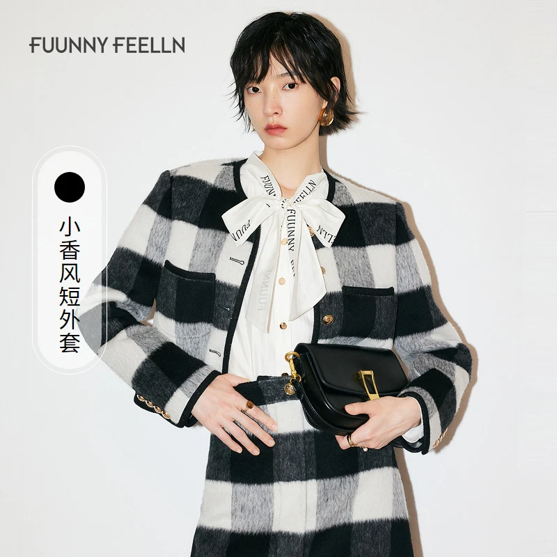 FF仿佛冬季新款撞色格纹名媛小香风短外套女上衣FC00939W0
