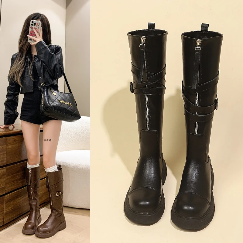 舒适感高筒靴女厚底粗跟骑士马丁圆头时尚冬季新款瘦瘦靴长筒加绒