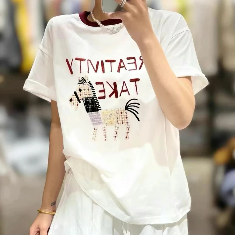 刺绣小马减龄纯棉 超重工 七彩拼接灰短袖女T恤百搭-6656