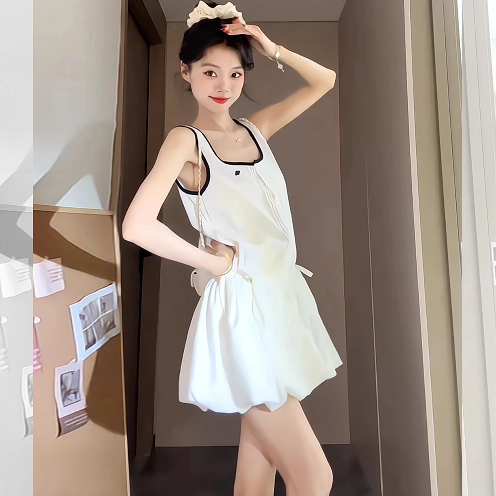 慵懒风运动休闲时髦无袖花苞连衣裙女2025夏季新款气球气泡短裙子