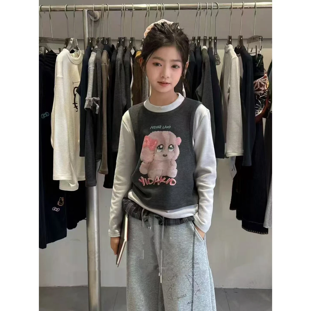 圆领韩系卡通长袖印花可爱小狗拼接假两件撞色圆领底衫